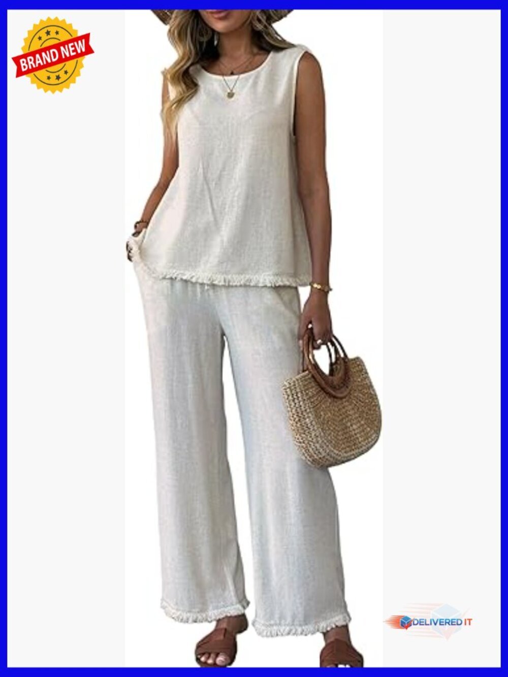 Linen 2 Piece Outfits Sleeveless Top Wide Leg Pants Set Casual Vacation